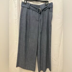 Blue Tweed-like Cropped Wide-Leg Trousers with Belt